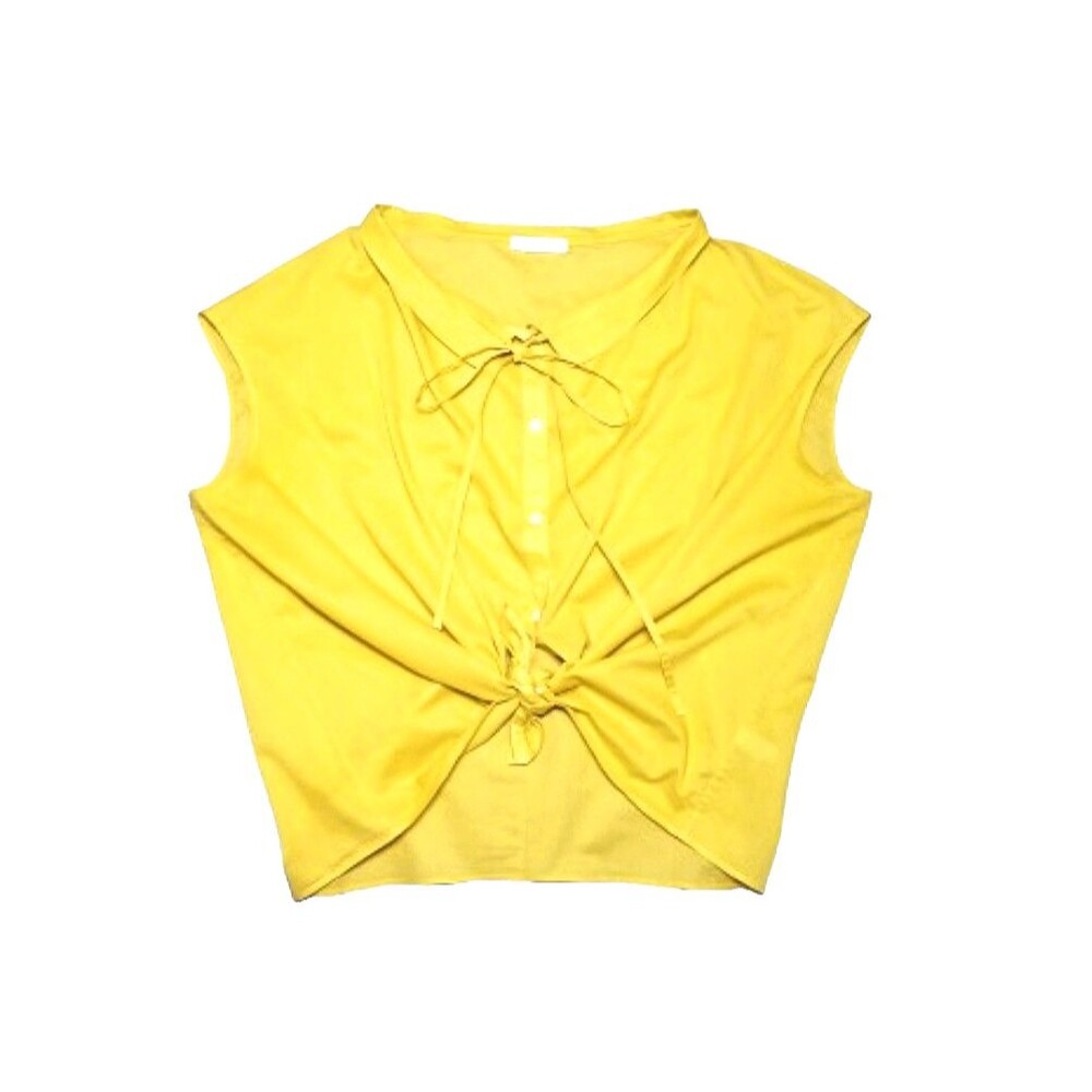 ARAKS Golden Yellow Top Collared Cotton Button Front Necktie Cap Sleeve XL 14 16